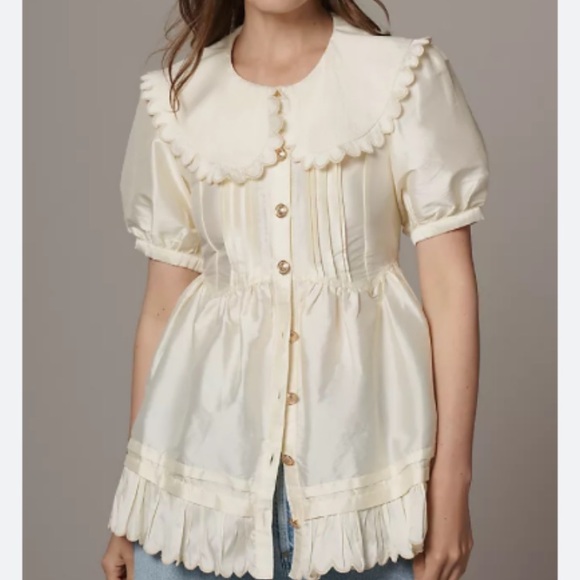 Anthropologie Tops - 🆕 NWT Anthropologie | Mauve Cream Scalloped-Collar Puff Sleeve Babydoll Top XS